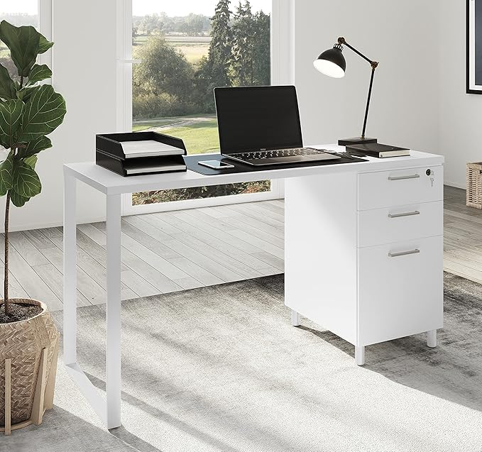 Modern Design Milano Office Desk with 3 Locking Drawers 48 Inch White Industrial Wood Desk with Filing Drawer and Storage by Crafts and Comfort