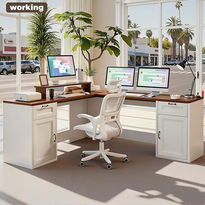 78 Farmhouse L Shaped Executive Desk with Drawers Modern Computer Desk with Power Outlets Office Writing Desk with Monitor Stand &amp Storage Cabinet Printer Shelf Antique White