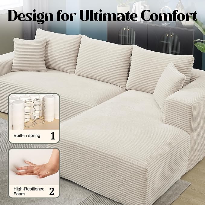 Sectional Sofa Couch Boneless Couches for Living Room Cloud Sofa with Oversized Chaise Corduroy Fabric L-Shaped Couch with Pillows No Assembly Required Right Facing Chaise Beige