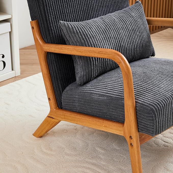 Mid Century Modern Accent Chair Arm Chair Living Room Chairs with Pillow Upholstered Reading Chair with Solid Wood e Living Room Bedroom Balcony (Antique Dark Grey)