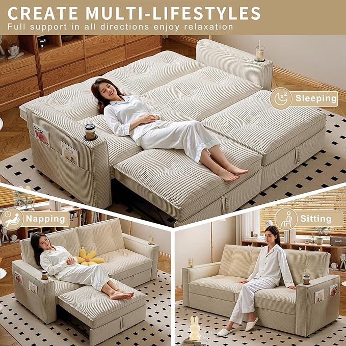 74'' Convertible Sofa Bed 2-in-1 Velvet Sleeper Sofa for Small Spaces Modern Loveseat &amp Guest Bed Apartment &amp Dorm Furniture Beige