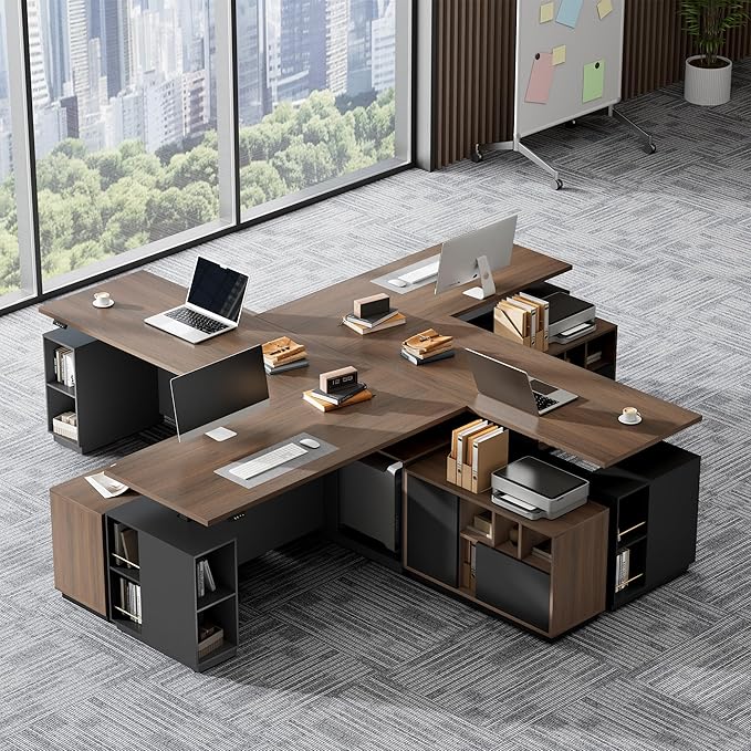 71 Executive Desk with Office Storage Cabinet L Shaped Height Adjustable Standing Desk Privacy Panel Furniture Set with Multiple Functions for Home and Office Black Walnut