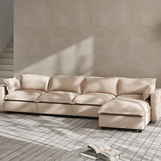 Modern Couch Modular Sectional Sofa 126 L-Shape Cloud Couch with Ottoman for Living Room Bedroom Reading Study Waitting Room Linen Fabric-Khaki