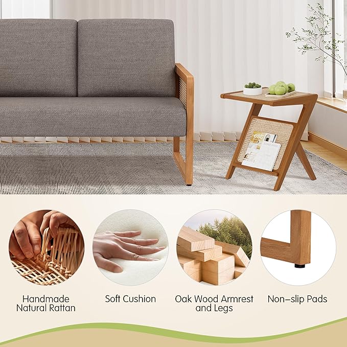 Modern Loveseat Bench Couch with Natural Rattan Arm Upholstered Linen Small Love Seat Sofa 2-Seats Living Room Couch Settee Comfy Lounge Recliner Chair-Taupe