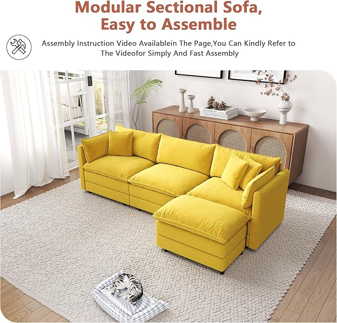 Setawix Deep 3 Seater Couch with Ottoman112.2 L-Shaped Cloud Couches for Living RoomChenille Cloud Sofa Couch with Deep SeatModular Sectional L Shape 3 Seat Sofa for Bedroom (Yellow 3+1)