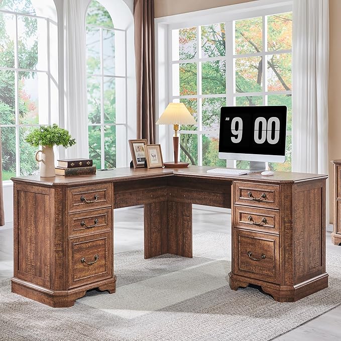 T4TREAM L Shaped Desk with Drawers59 Farmhouse Wood Home Office Executive DeskCharging StationFile Drawer Storage CabinetComputer Desk for Work and Study (Reclaimed Barnwood)