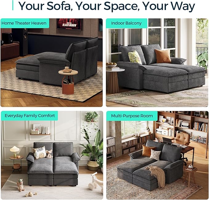 LINSY HOME Modular Sofa Chaise Lounge 65 Cloud Sofa Bed Lounge with Armrests Chenille Sleeper Sofa for Living Room Apartment Home Theater Grey