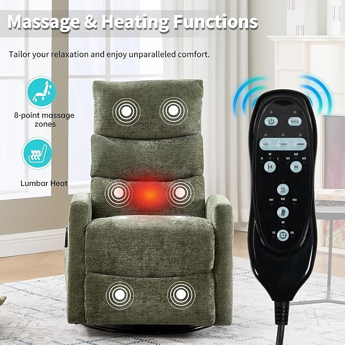 PELUMY 360° Swivel Rocker Recliner with Heat &amp Vibration Massage Glider Rocking Chair for Adults Compact Recliner for Living Room Small Spaces Nursery Bedroom (Chenille Green)