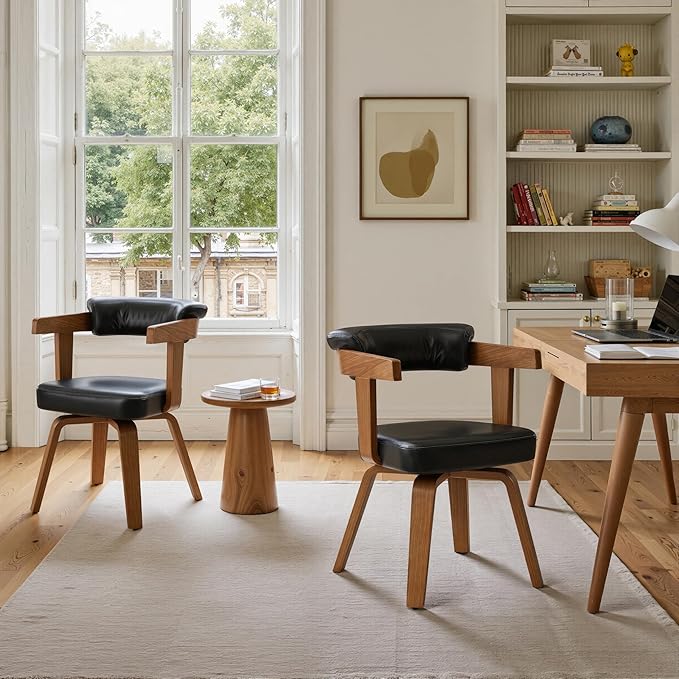 Art Leon Home Office Desk Chair - Mid Century Modern Chair Faux Leather Office Chair No Wheels Comfy Accent Arm Chair with Wood Legs for Small Spaces Living Room Bedroom Study Black/Walnut
