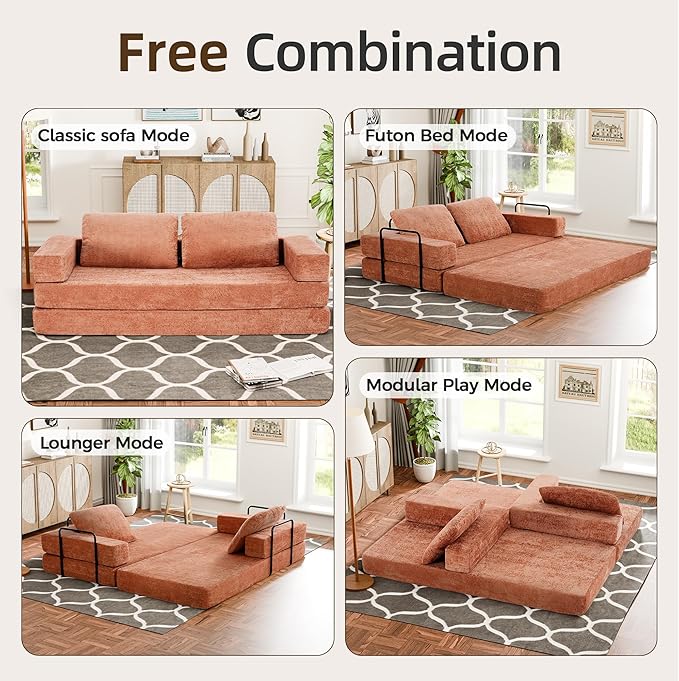 Convertible Sofa Bed 4-in-1 DIY Combination Modular Couch with Pillows Comfy Boneless Sleeper Sofa Bed with Fixed-Shape Frame Chenille Convertible Lounge Couch for Living Room Orange