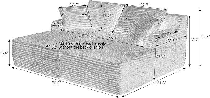 KEIKI Compressible Double Chaise Lounge with Cupholders Cozy Corduroy Sleeper Loveseat for Bedroom or Reading Nook Boneless Chaise Lounge Indoor with Supportive Spring Cushions No Assembly