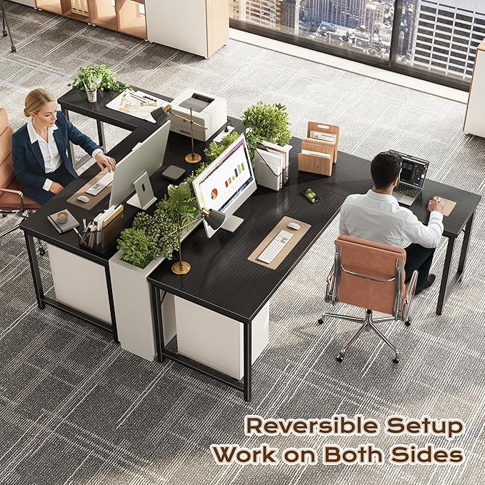 Huuger 55 Inch L Shaped Desk with Power Outlets and USB-C Port Reversible Computer Desk Larger Office Corner Gaming Desk 0.95 Inch Thicker Desktop Metal Frame for Home Office Study Black
