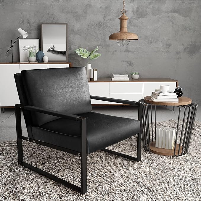 Recaceik Leather Accent Chairs Midcentury Modern Armchair with XL Ergonomic Cushion Sturdy Metal Frame Anti-Scratch Foot Mats Single Sofa Chair for Living Room Black 22.83D x 28.35W 33.46H in