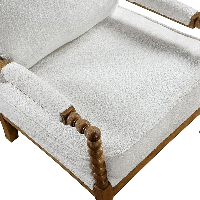 Furniture of America Dedee Mid Century Modern Boucle Fabric Accent Chair with Arms Wide Spindle and Solidwood Legs for Living Room Bedroom Reading Corner Home Office Light Oak and White