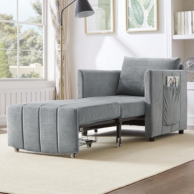 Pull Out Sofa Bed for Living Room 31.5 Upholstered Convertible Sleeper Sofa 3-in-1 Convertible Sleeper Chair with 5-Position Adjustable Backrest Side Pockets and a Storage Basket (Grey/352)