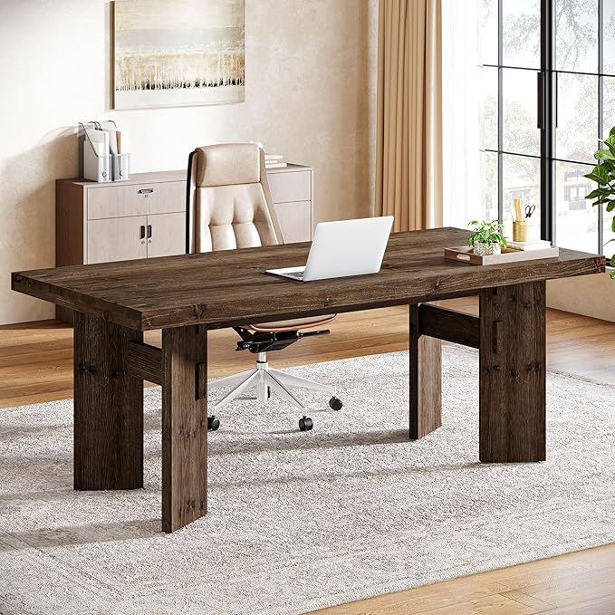63-Inch Executive Desk Solid Wood Home Office Computer Desk with Heavy Duty Legs Modern Simple Study Writing Table for Office Conference Room Rustic Brown