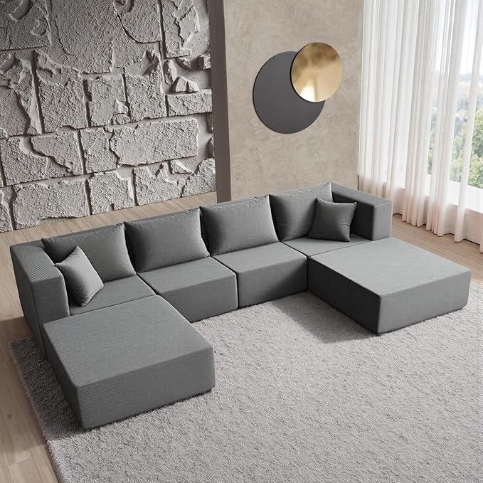 YINIX 140 Modular Sectional Sofa Couches Corduroy Sleeper Deep Seat Sofa Bed Comfy Cloud Couch for Living Room Floor Sofa 6 Piece Free Combination Compression No Assembly Required Grey