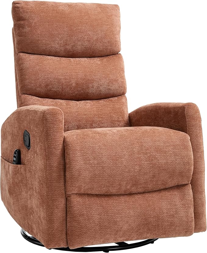PELUMY 360° Swivel Rocker Recliner with Heat &amp Vibration Massage Glider Rocking Chair for Adults Compact Recliner for Living Room Small Spaces Nursery Bedroom (Chenille Orange)