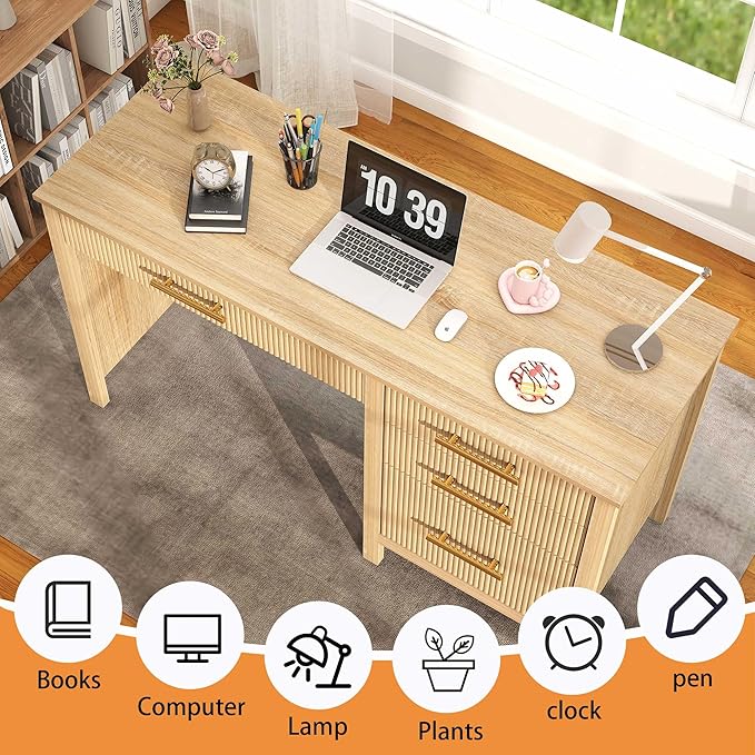 Oak Executive Desk with Drawers: 54 Wood Computer Desk with File Drawer Modern Home Office Desks with Storage Fluted Writing Desks for Working Studying (Oak 54)