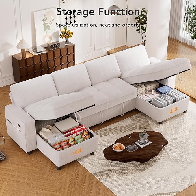 Sunny Heart Sleeper Sofa Bed 105 U Shaped Couch Sleeper Sofa Pull Out Couch Bed with Reclining Backrest | Double Storage Chaise | USB Ports | Side Pockets | Tool-Free Assembly | Chenille Beige