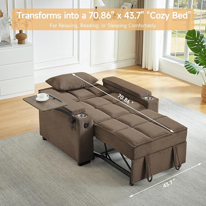 Large Size Convertible Sleeper Chair Futon Sofa Bed Comfortable Thick Cushion Single Sleeper Sofa Handheld Storage and Adjustable Backrest | Reading Chair with Rotating Small Table (Coffee)