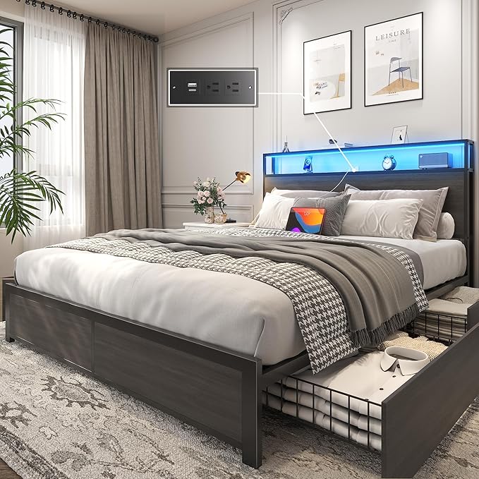 Lifezone Queen Bed Frame with 2-Tier Storage Headboard Metal Platform Bed Frame with 4 Storage Drawers Built in Charging Station &amp LED Noise-Free/Metal Support/No Box Spring Needed Rustic Grey