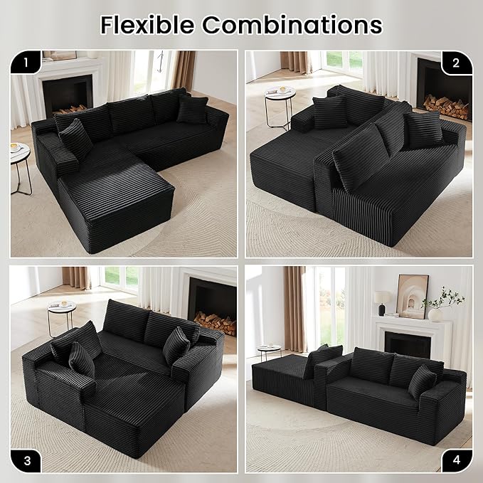 103'' Modular Sectional Sofa with Deep Seat Comfy L Shaped Couch Modern Cloud Couch with Oversized Chaise Corduroy No Assembly Required for Living Room Bedroom Black