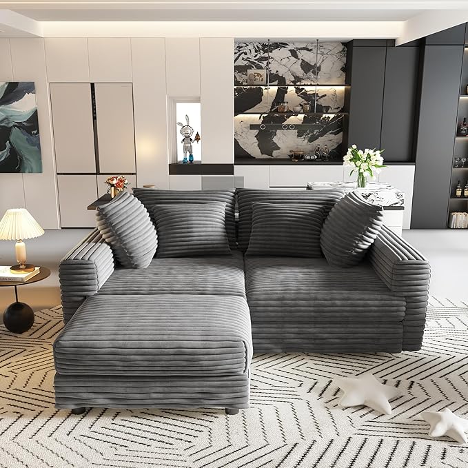 102 Oversized Modular Sectional Sofa with Movable Ottoman 2-in-1 Convertible Deep Seat Sleeper Daybed 4-Seater Plush Corduroy Cloud Couchwith 6 Pillows for Living Room &amp Apartment