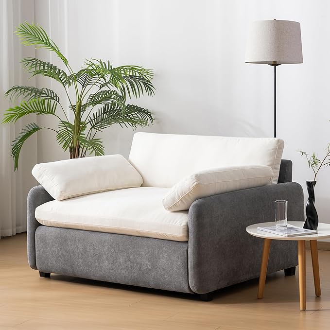 50 * 43 Oversized Single Sofa Chair Modern Chenille Upholstered Armchair Wide and Deep Seat Accent Chair with Two Throw Pillows Color Blocking Couch Lounge for Living Room (Gray+Cream/5)