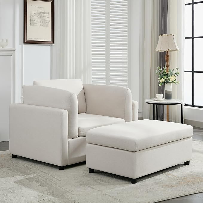 Modern Chenille Oversized Armchair with Ottoman 50.4 Wide Accent Chair Luxurious Linen Fabric Single Sofa Chair with Pillows and Wide Armrests Living Room Apartment Offices (Cream-50.4'')