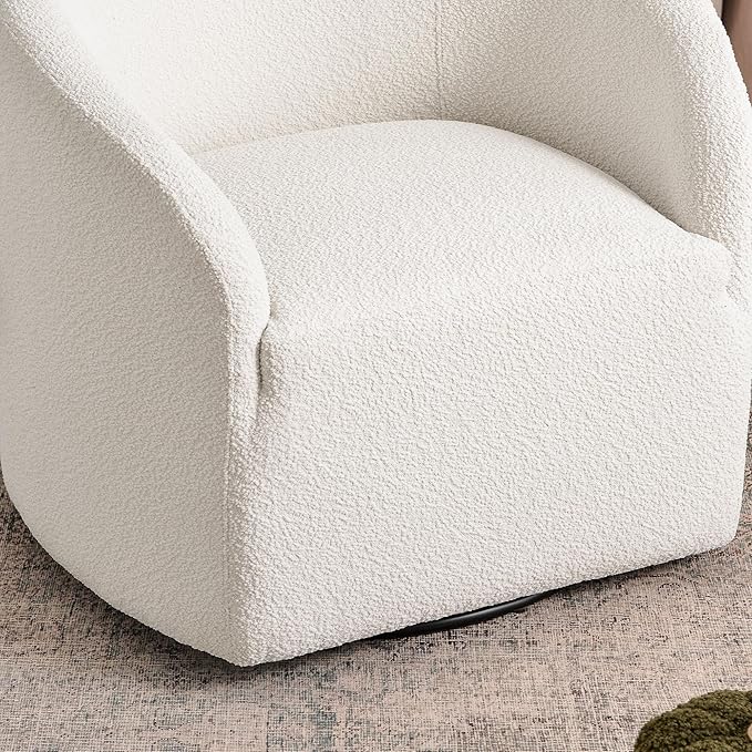 KINWELL 32 Wide Modern Boucle Swivel Barrel Chair No Assembly Round Upholstered Swivel Accent Armchair for Living Room Bedroom Office (White)
