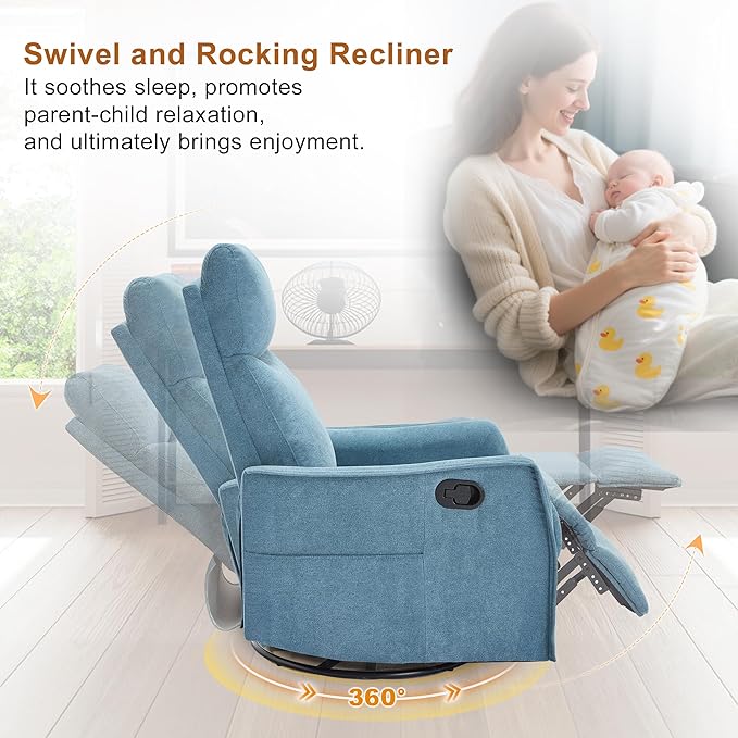 Manual 360° Swivel Rocker Recliner Chair for Adults Overstuffed Glider Chair for Nursery with Vibration Massage and Heat Comfy Soft Fabric Glider with Side Pockets for Living Room Blue