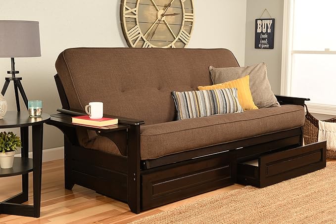 Kodiak Furniture Phoenix Full Size Futon In Espresso Finish With Storage Drawers Linen Cocoa
