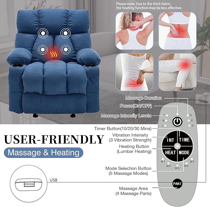 Massage Rocker Recliner Chair with Heat and Vibration Ergonomic Rocking Lounge Chair for Living Room Comfy Overstuffed Recliner with 4 Side Pockets2 Cup Holders USB Charge PortBlue