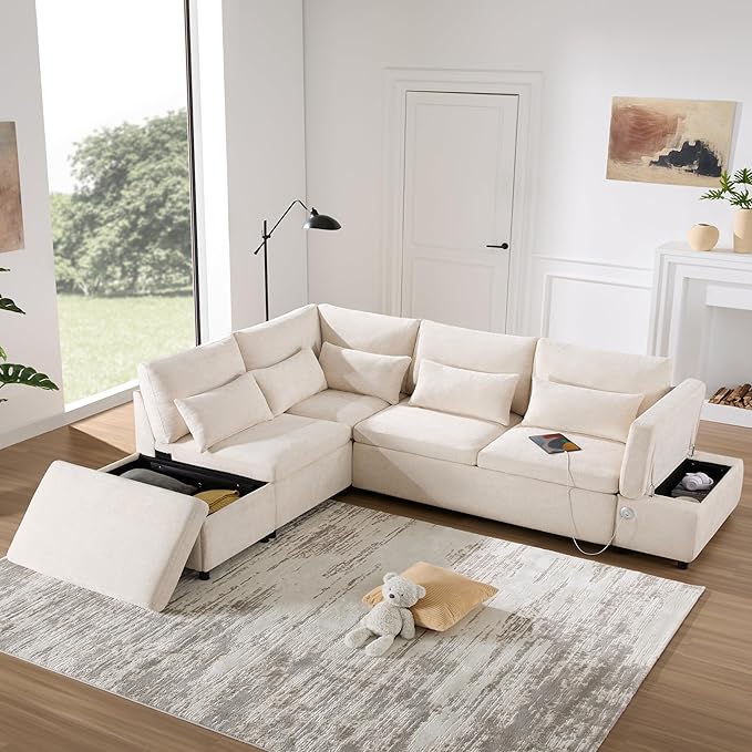 Modular Sectional Sleeper Sofa Bed 107'' Pull Out Bed Sectional Sofa with Free Movement Storage Ottoman L-Shape with Wide Seats Oversized Chenille Sofa for Living Room (Light Khaki+Beige/512)