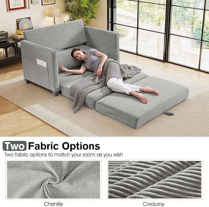 51 Loveseat Sleeper Sofa Bed Corduroy Convertible Floor Sofa Bed for Small Spaces Folding Couch Bed with Deep Seat 2 Pillows &amp Solid Frame Pull Out Floor Couch for Living Room Grey