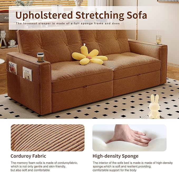 74'' Convertible Sofa Bed 2-in-1 Velvet Sleeper Sofa for Small Spaces Modern Loveseat &amp Guest Bed Apartment &amp Dorm FurnitureOrange | Convertible Sofa Bed