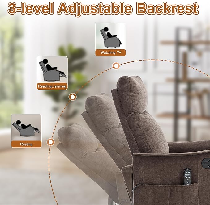Manual 360° Swivel Rocker Recliner Chair for Adults Overstuffed Glider Chair for Nursery with Vibration Massage &amp Heat Comfy Soft Fabric Recliner Chair with Side Pockets for Living Room Brown