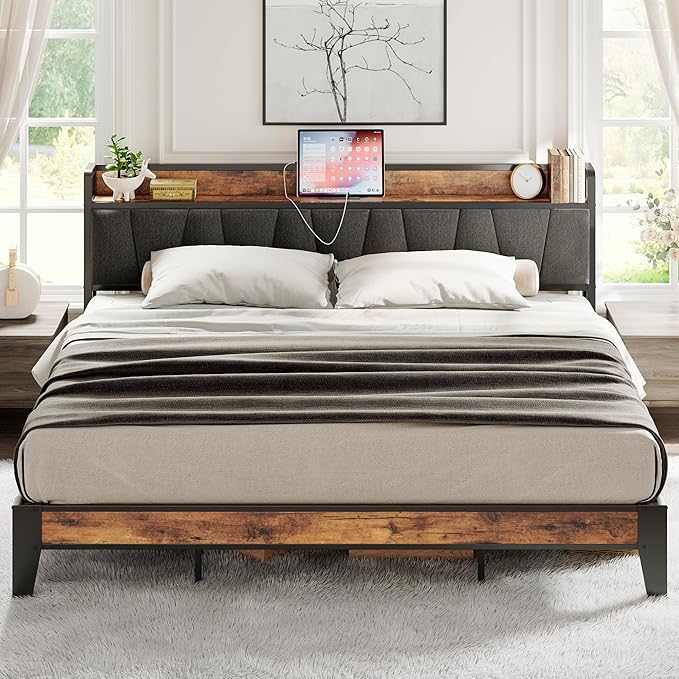 LIKIMIO King Size Bed Frame Storage Headboard with Charging Station Solid and Stable Noise Free No Box Spring Needed Easy Assembly