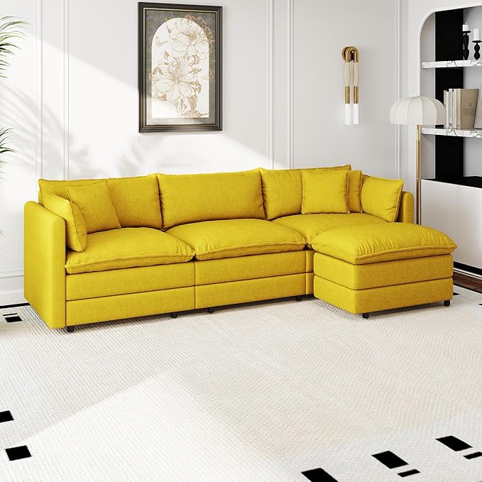 Aoowow Modular Sectional Sofa Modern Convertible L Shaped Couch111.5 Inch Deep 3-Seater Sofas Set Comfy Chenille Cloud Sofas and Couches with Movable Ottoman for Living Room Apartment（Yellow）