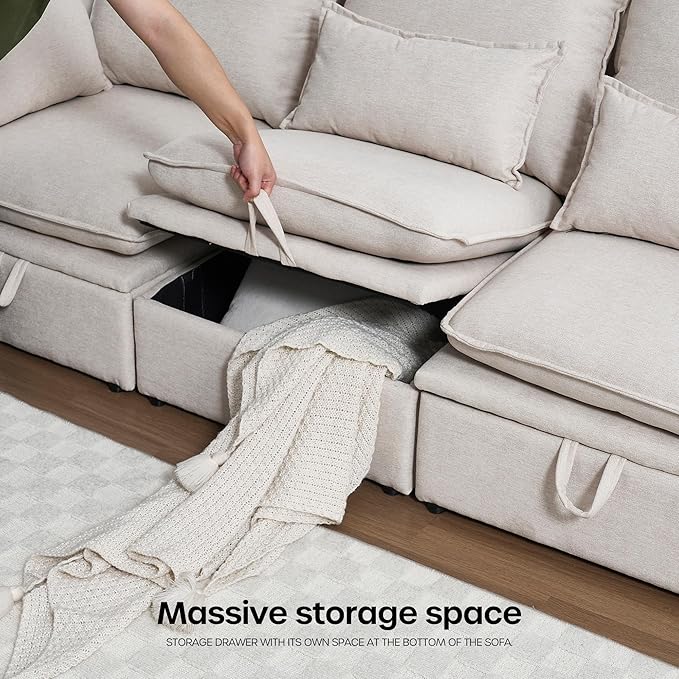 114 Modular Sectional Sofa Sectional Couches for Living Room U Shaped Cloud Couch with Storage &amp Ottoman Waterproof Wide and Deep Seat 6 Seats (Beige)