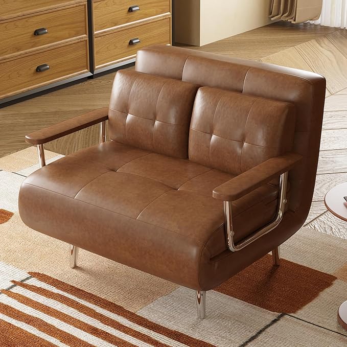 43.3 3-in-1 Modern Faux Leather Convertible Sofa Bed Brown Upholstered Sleeper Sofa with Sturdy Metal Frame &amp High-Density Foam Filling Ideal for Living Rooms Offices &amp Studies
