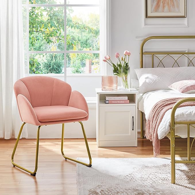 Yaheetech Flower Shape Velvet Vanity Chair Modern Side Armchair Makeup Chair no Wheels with Golden Metal Legs for Living Room/Dressing Room/Bedroom/Home Office/Kitchen Pink