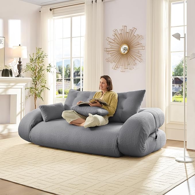 KEIKI 78.7 Foldable Human Dog Bed 3-in-1 Multi-Functional Sleeper Sofa Bed Teddy Fabric Foam-Filled Convertible Floor Couch for Living Room Guest Room Playroom Grey