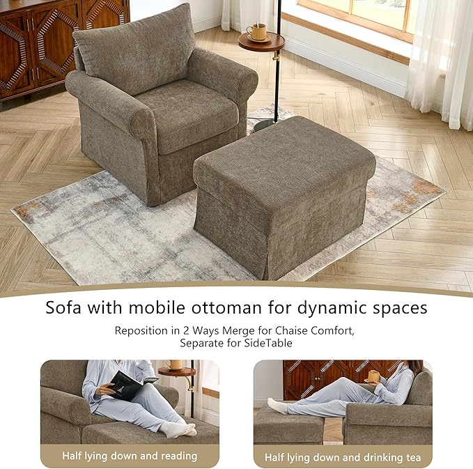 35.82 Accent Chair with Ottoman Set Upholstered Living Room Chairs for Reading Chair with Chaise Lounge Chairs Indoor Comfortable Armchair for Bedroom (Brown 35.82)