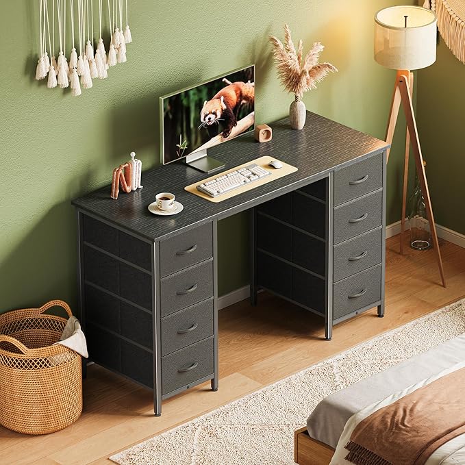 Huuger 47 Inch Computer Desk with 8 Fabric Drawers Office Desk Work Desk for Home Office Study Gaming Desk with Drawers Large Storage Black