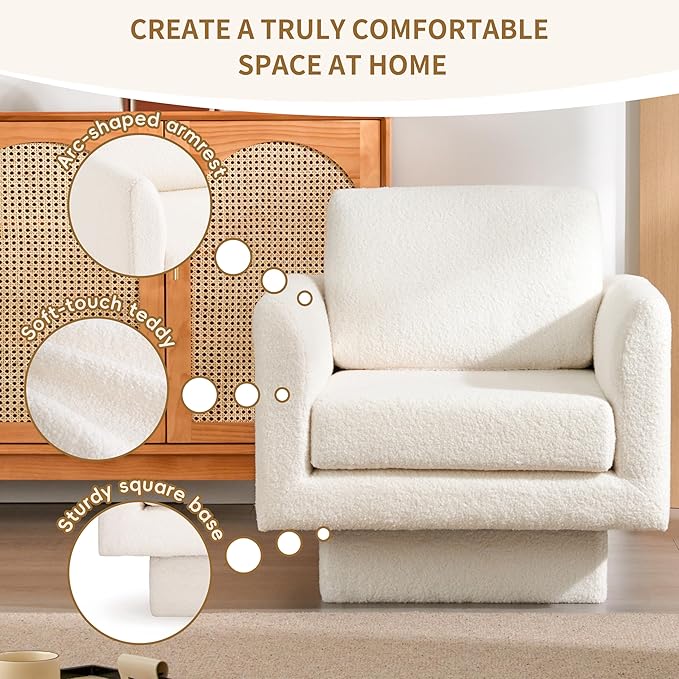 360° Swivel Modern Accent Chair 30 W Teddy Velvet Sherpa Fabric Armchair Thick Padded Upholstered Barrel Chair Comfy Lounge Sofa Reading Club Chair for Living Room Bedroom Nursery (Cream)