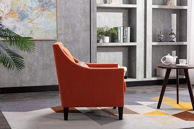 Accent Armchair Living Room Chair with Nailheads and Solid Wood Legs Orange Linen