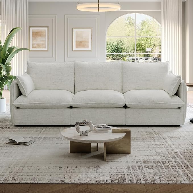 94.6 Cloud Modular Sectional Sofa Waterproof Down Filled Sectional Sofas High Backrest 3 Seater Sectional Couches for Living Room Modern Modular Couch with Removable Cover Cream White
