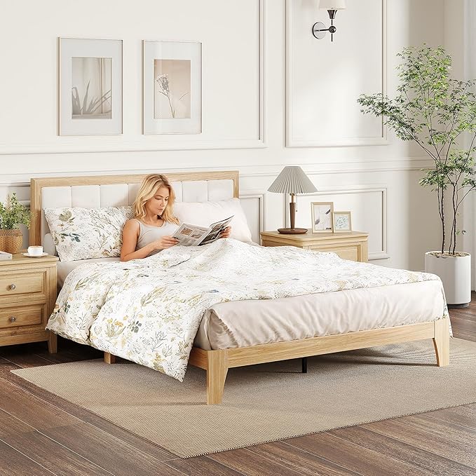 HOMCOM Queen Size Bed Frame with Upholstered Headboard Platform Bed Frame with Wooden Slats No Box Spring Needed Easy Assembly Natural